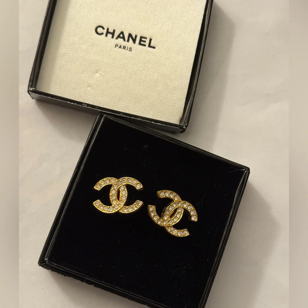 CHANEL Earrings Vintage CC Logo Crystal Clip On 24K Gold Plated Studs with Box
